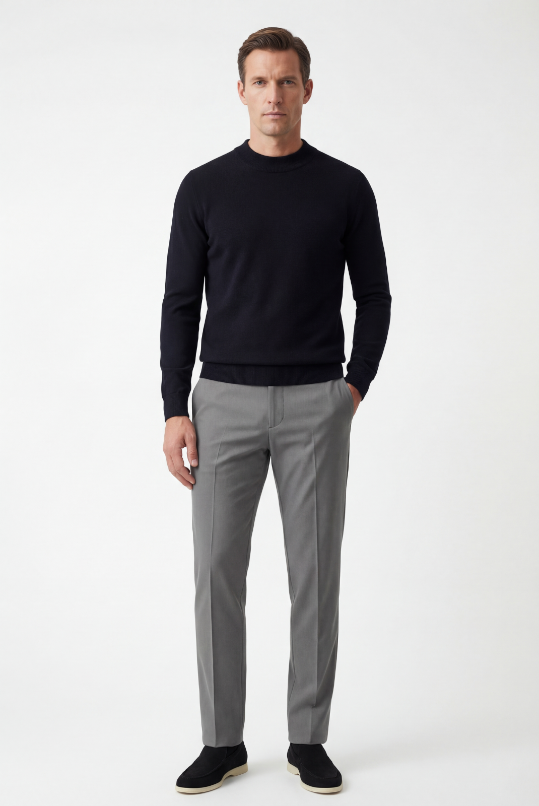 سترة كشمير باللون الأسود بياقة دائرية