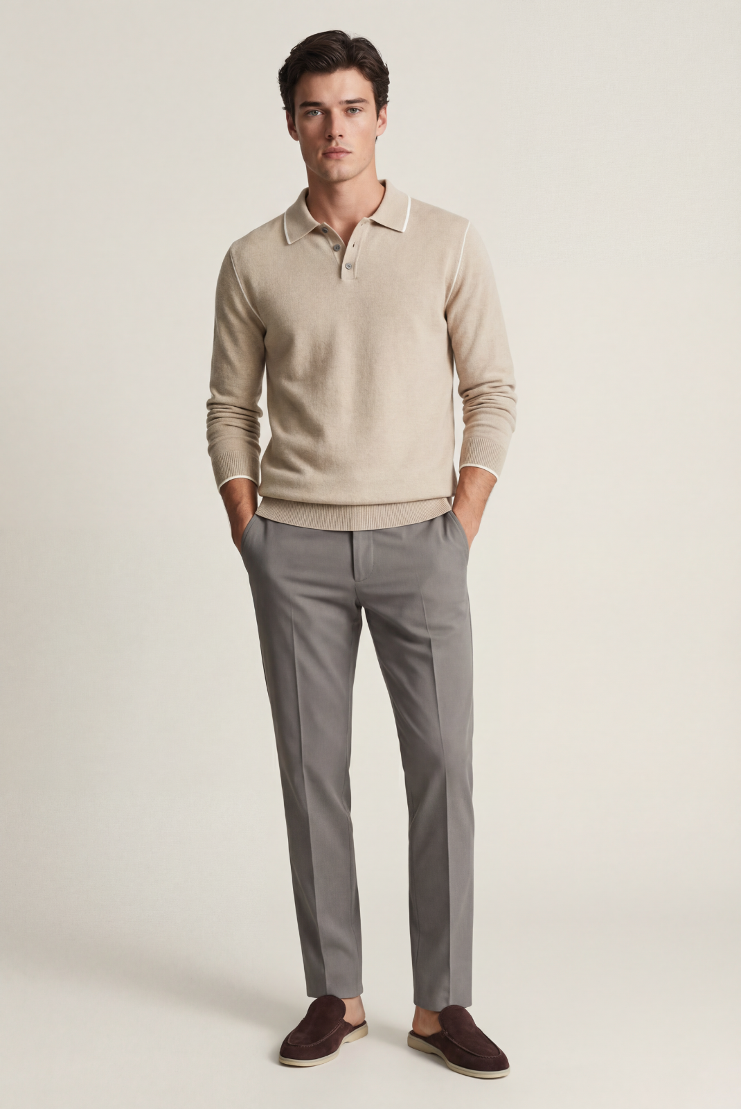 Camel Cashmere Long Sleeve Polo
