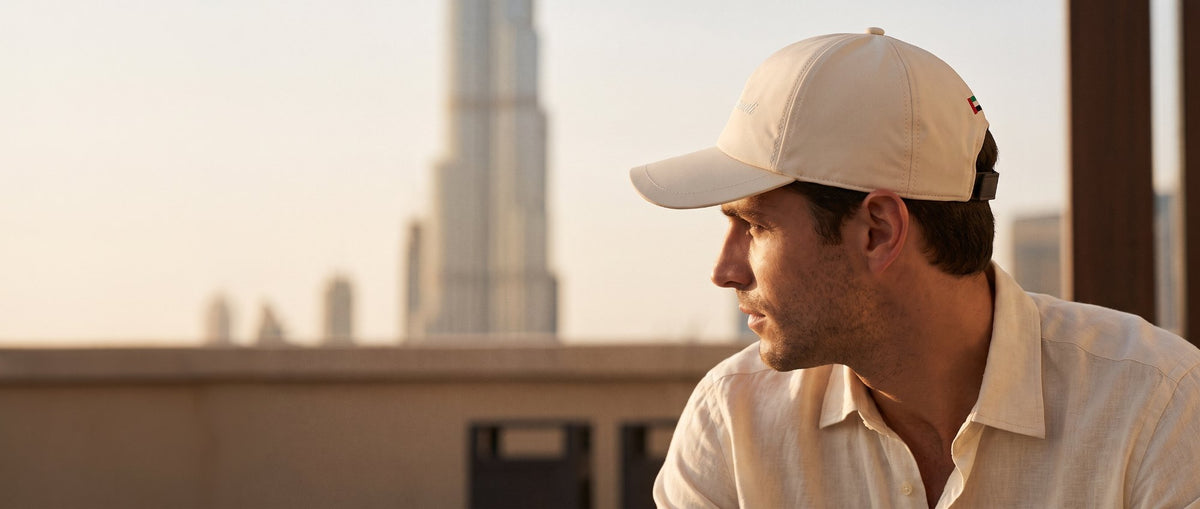 Dubai Limited Edition cap worn on a Dubai rooftop at golden hour