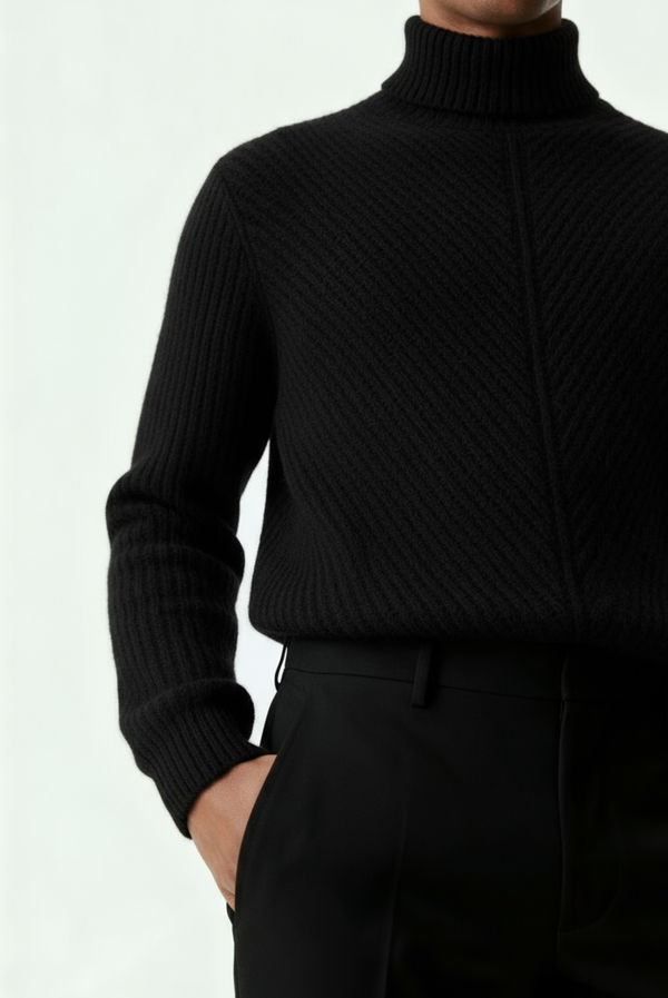 سترة كشمير سوداء محبوكة بخطوط بارزة