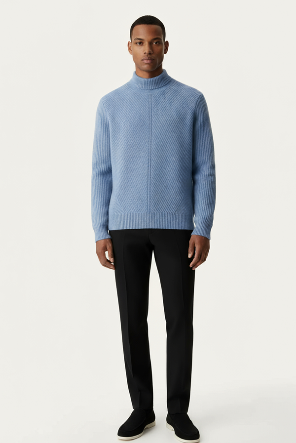 سترة كشمير زرقاء محبوكة بخطوط بارزة