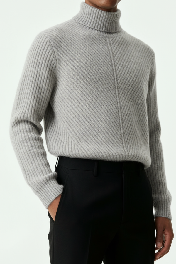 سترة كشمير رمادية محبوكة بخطوط بارزة