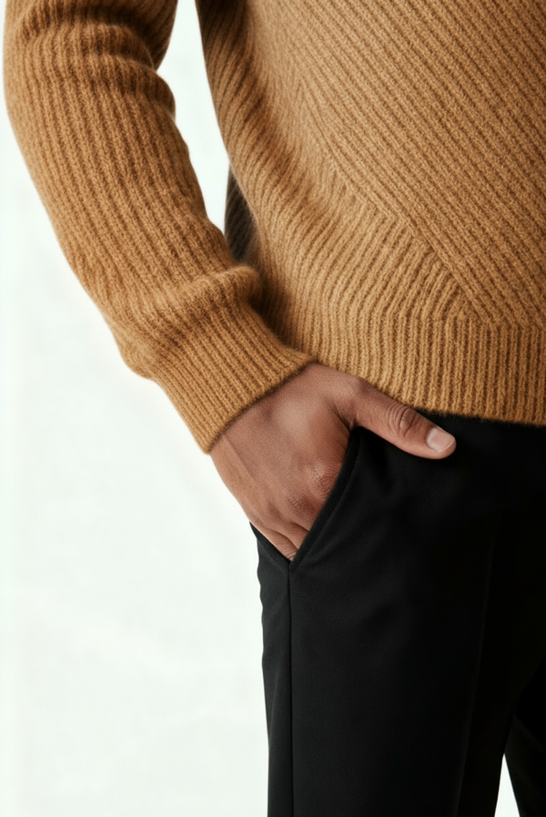 سترة كشمير جملي محبوكة بخطوط بارزة