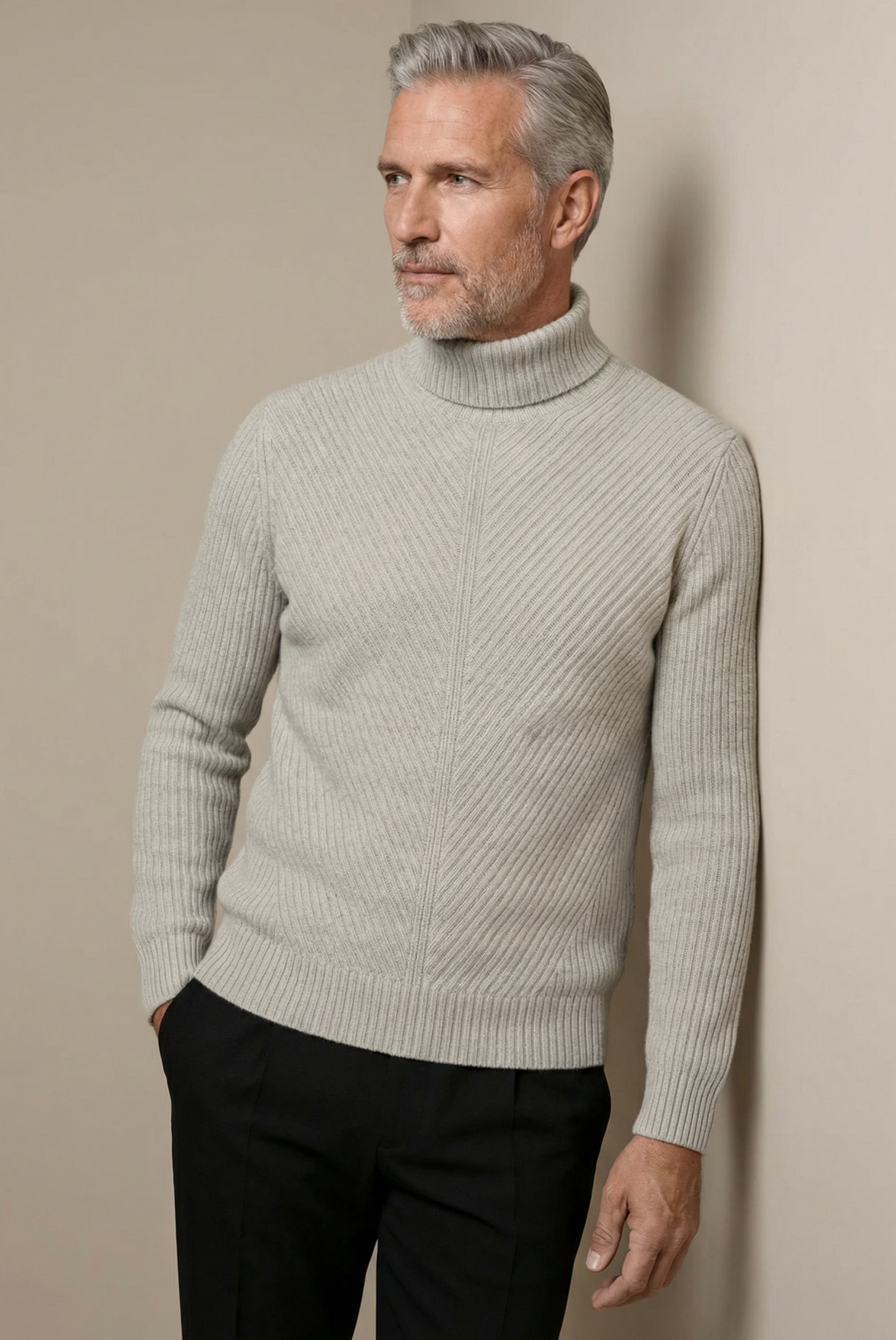 Grey Ribbed Cashmere Sweater