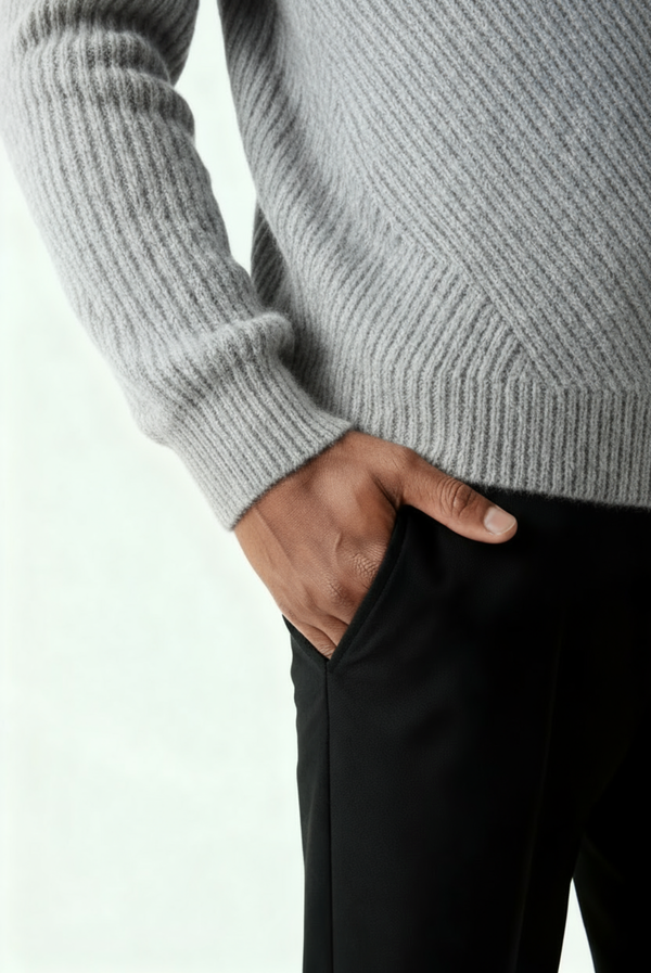 سترة كشمير رمادية محبوكة بخطوط بارزة