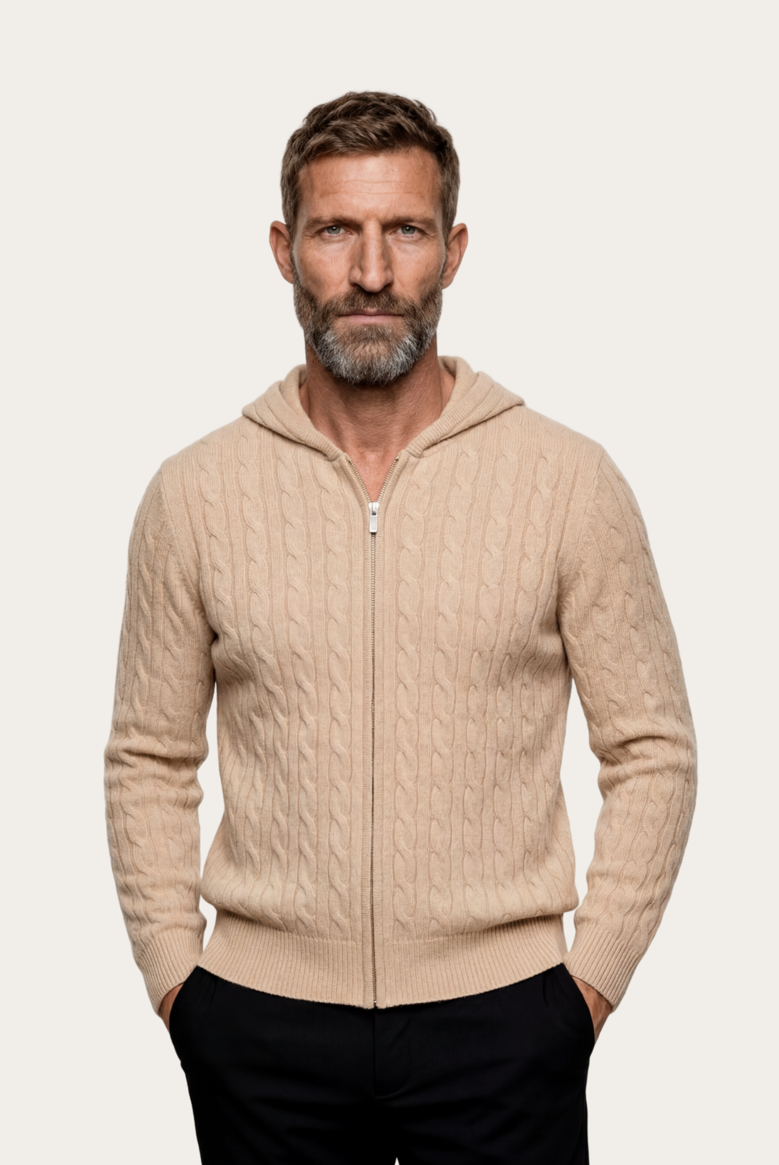 Beigefarbene Kaschmirjacke mit Reißverschluss