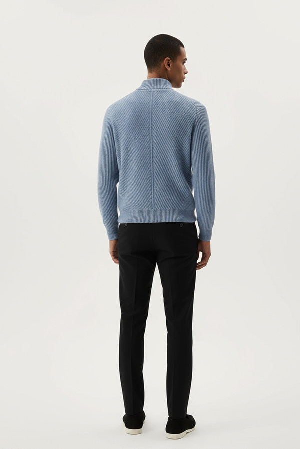 سترة كشمير زرقاء محبوكة بخطوط بارزة