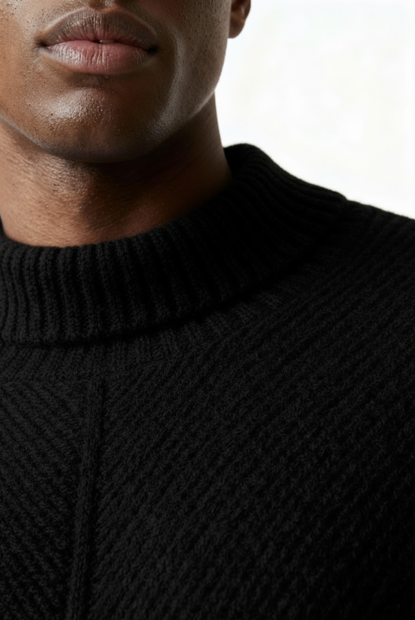 سترة كشمير سوداء محبوكة بخطوط بارزة