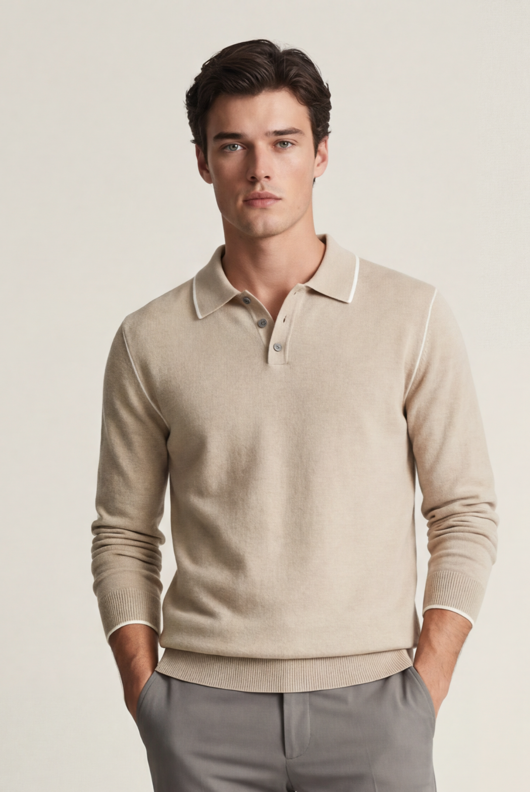 Camel Cashmere Long Sleeve Polo