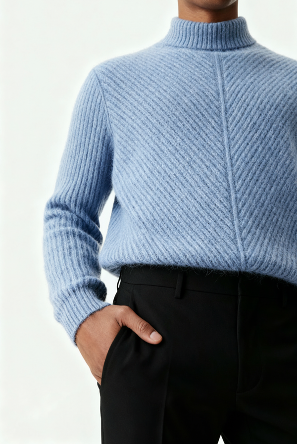 سترة كشمير زرقاء محبوكة بخطوط بارزة