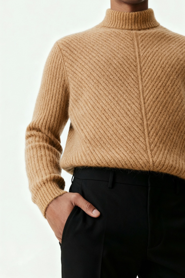 سترة كشمير جملي محبوكة بخطوط بارزة