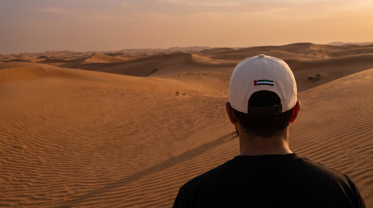 Wearing the cap in the Dubai desert at dusk